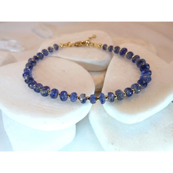 Natural Blue Kyanite Gold Fill Beaded Bracelet New 7"+ - Picture 3 of 4